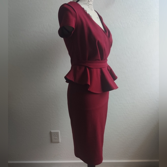🆕 City Goddess Red Burgundy peplum Ruffle plunge sexy midi dress Office Work_6 - Picture 3 of 6